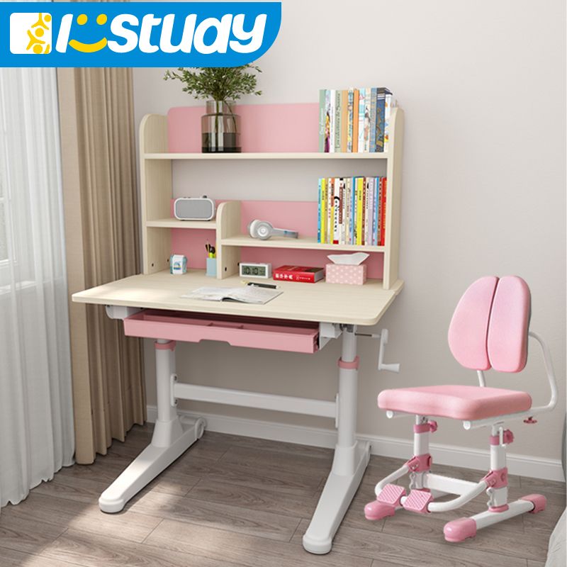 Mesa de estudio ajustable de altura ergo para niños, con muebles de estantería, azul / rosa