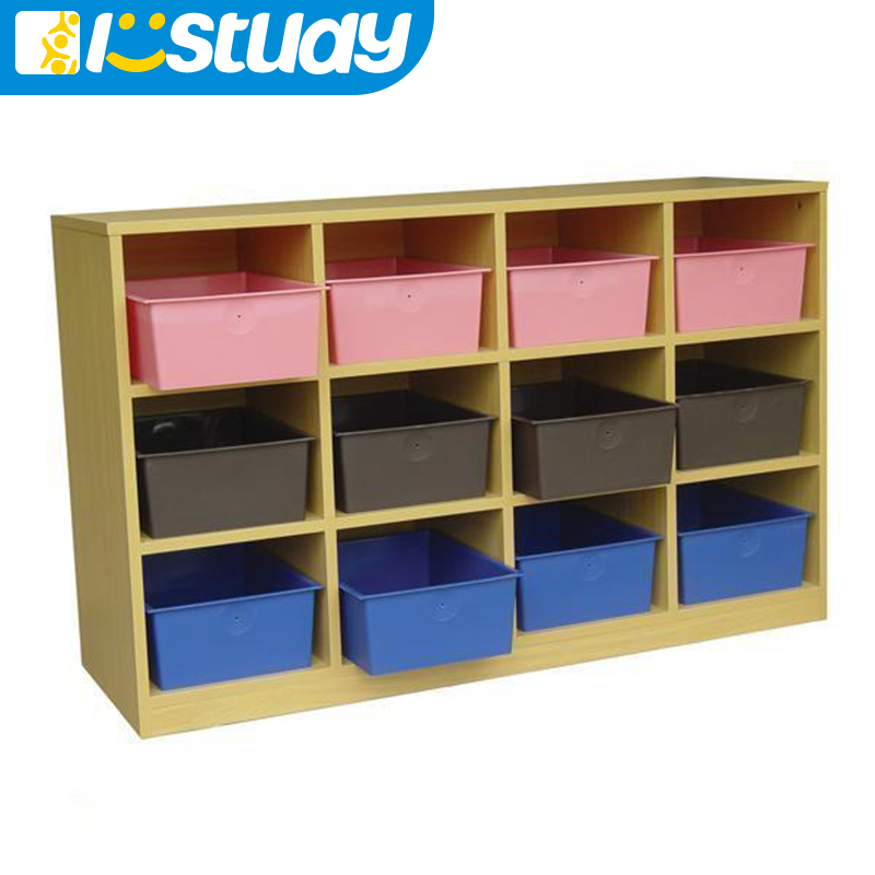 Casier à jouets en bois avec 12 palettes colorées