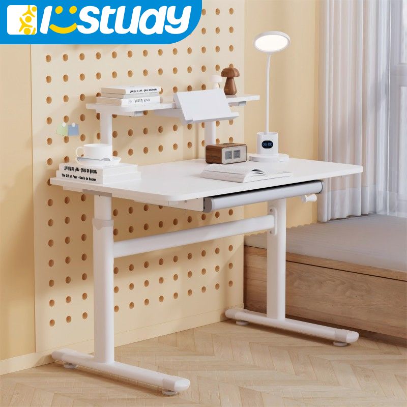 Table et chaises ergonomiques pour enfants, table d'étudiant en bois avec hauteur réglable table inclinable, tiroir de rangement avec petite étagère