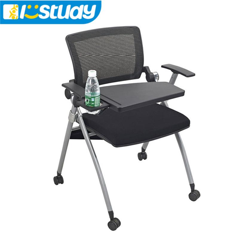 Folding Chair with Writing Board and Wheels,Stackable Conference Room Chairs with Ergonomic Mesh Back and Arms, Compact Portable Folding Chairs for Meeting, Reception, Training Room, Home Office Desk