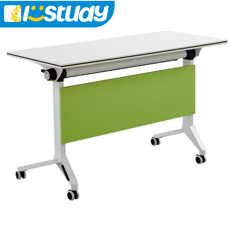 Folding Computer Desk, Office Mobile Training Conference Room Table with Locked Wheel, Metal Shelf, Modesty Panel